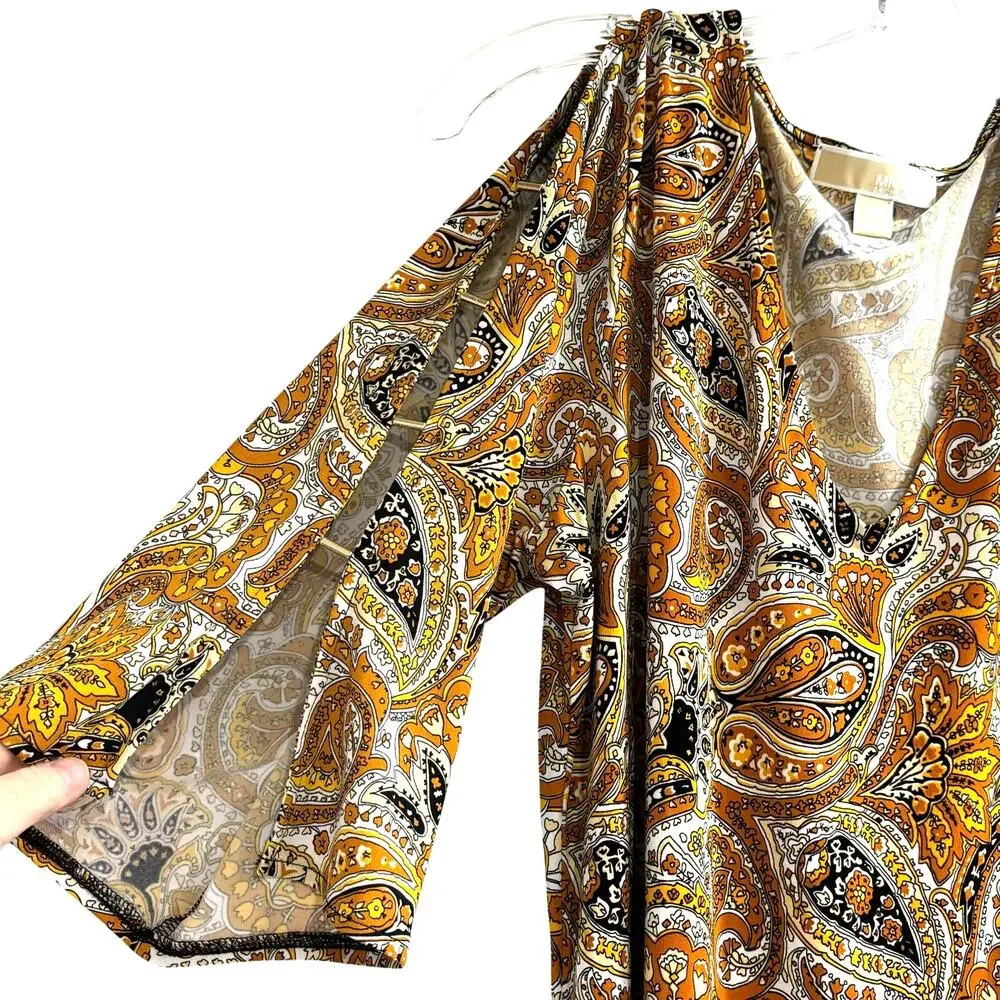 Michael Kors upscale Boho tunic top size M golden yellow paisley print popover